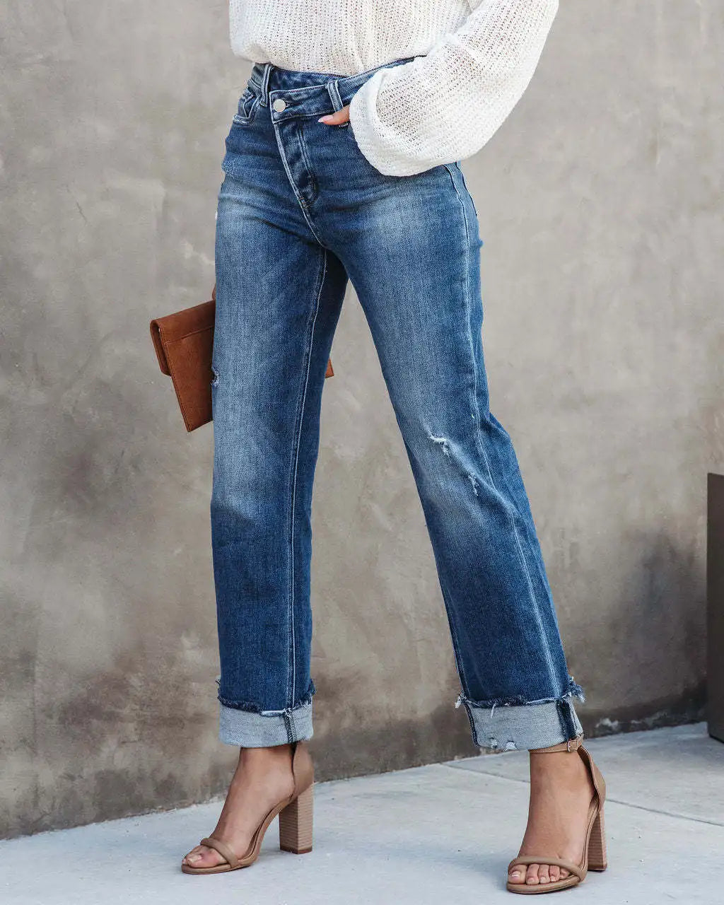 Women Spring and Autumn New Urban Casual Wash Straight Leg Jeans Long Pants, Loose Fallow Handwork Abrade Jeans with Pocket Y2k