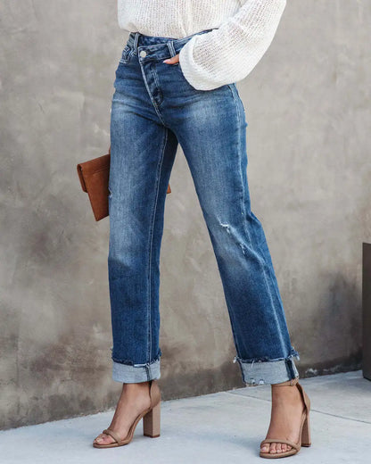 Women Spring and Autumn New Urban Casual Wash Straight Leg Jeans Long Pants, Loose Fallow Handwork Abrade Jeans with Pocket Y2k