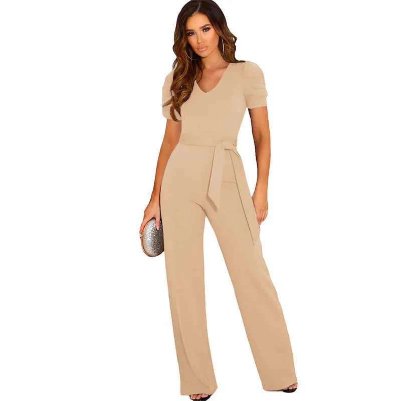 2024 Summer Jumpsuit Women's V-neck Short Sleeve Wide Leg Long Pants Jumpsuit De Mujeres Kombinezony Mono Elegantes Mujer
