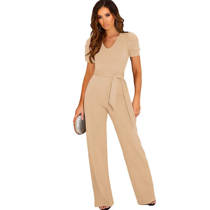 2024 Summer Jumpsuit Women's V-neck Short Sleeve Wide Leg Long Pants Jumpsuit De Mujeres Kombinezony Mono Elegantes Mujer