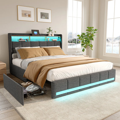 Rosahqnda Upholstered Double Bed 160 x 200 cm, Bed 180 x 200 cm with Storage Box, Storage Bed with 4 Drawers and LED Lighting