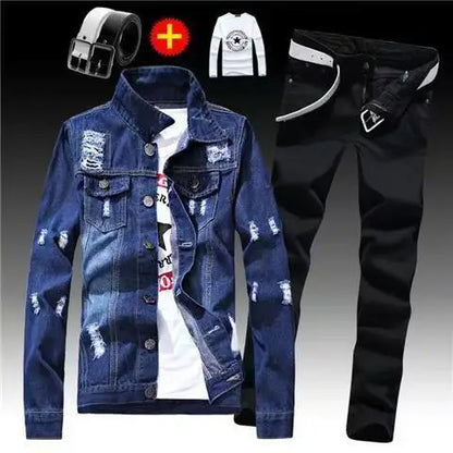 Spring Autumn Mens Denim Jacket + Jeans Pants Set Fashion Letters Printed Coat Trousers Two Piece Denim suit