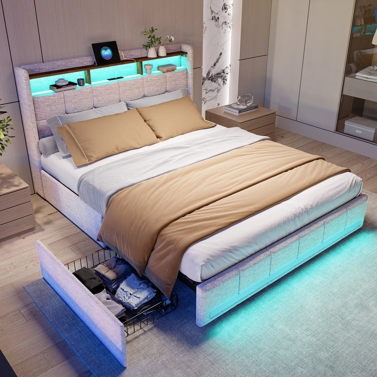 Rosahqnda Upholstered Double Bed 160 x 200 cm, Bed 180 x 200 cm with Storage Box, Storage Bed with 4 Drawers and LED Lighting