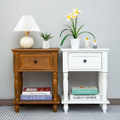 Solid Wood Nightstand Vintage French Distressed Bedside Table with Drawer for Bedroom Storage Cabinet Side Table