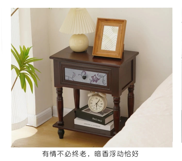 Solid Wood Nightstand Vintage French Distressed Bedside Table with Drawer for Bedroom Storage Cabinet Side Table