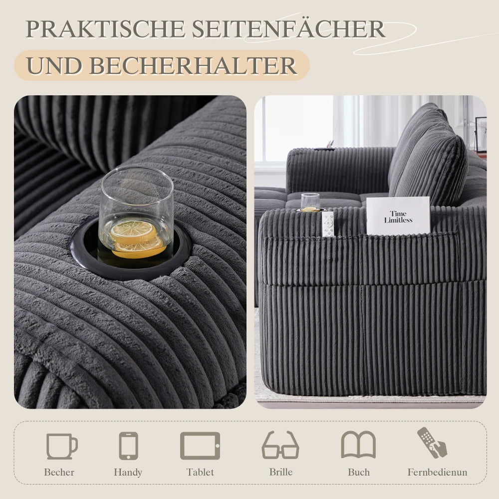 Compact Sofa Soft, Modular Sofa with Side Pocket and Beverage Holder, High Quality Comfort for Long Sitting, Incl. Pillows