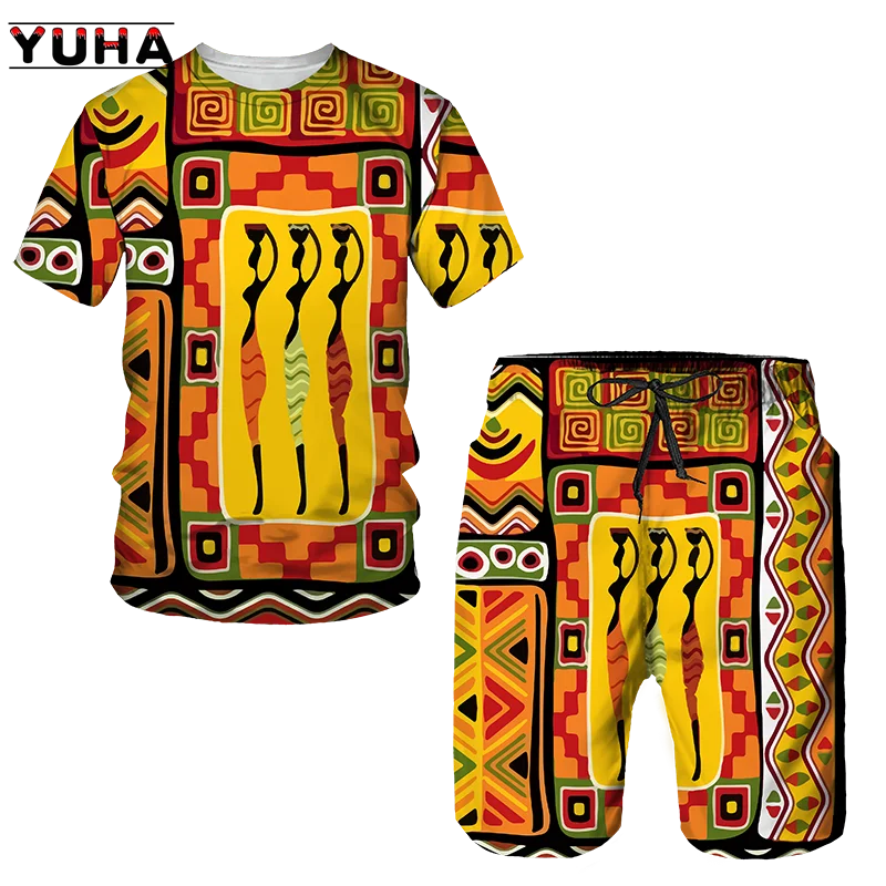 YUHA,Newest African Print Women's/Men's T-shirts Sets Africa Dashiki Men’s Tracksuit/Vintage Tops Sport And Leisure Summer Male
