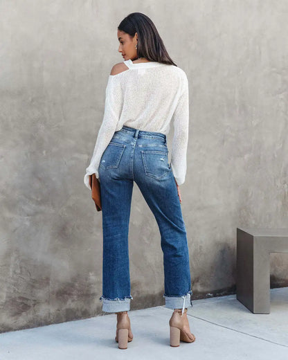 Women Spring and Autumn New Urban Casual Wash Straight Leg Jeans Long Pants, Loose Fallow Handwork Abrade Jeans with Pocket Y2k