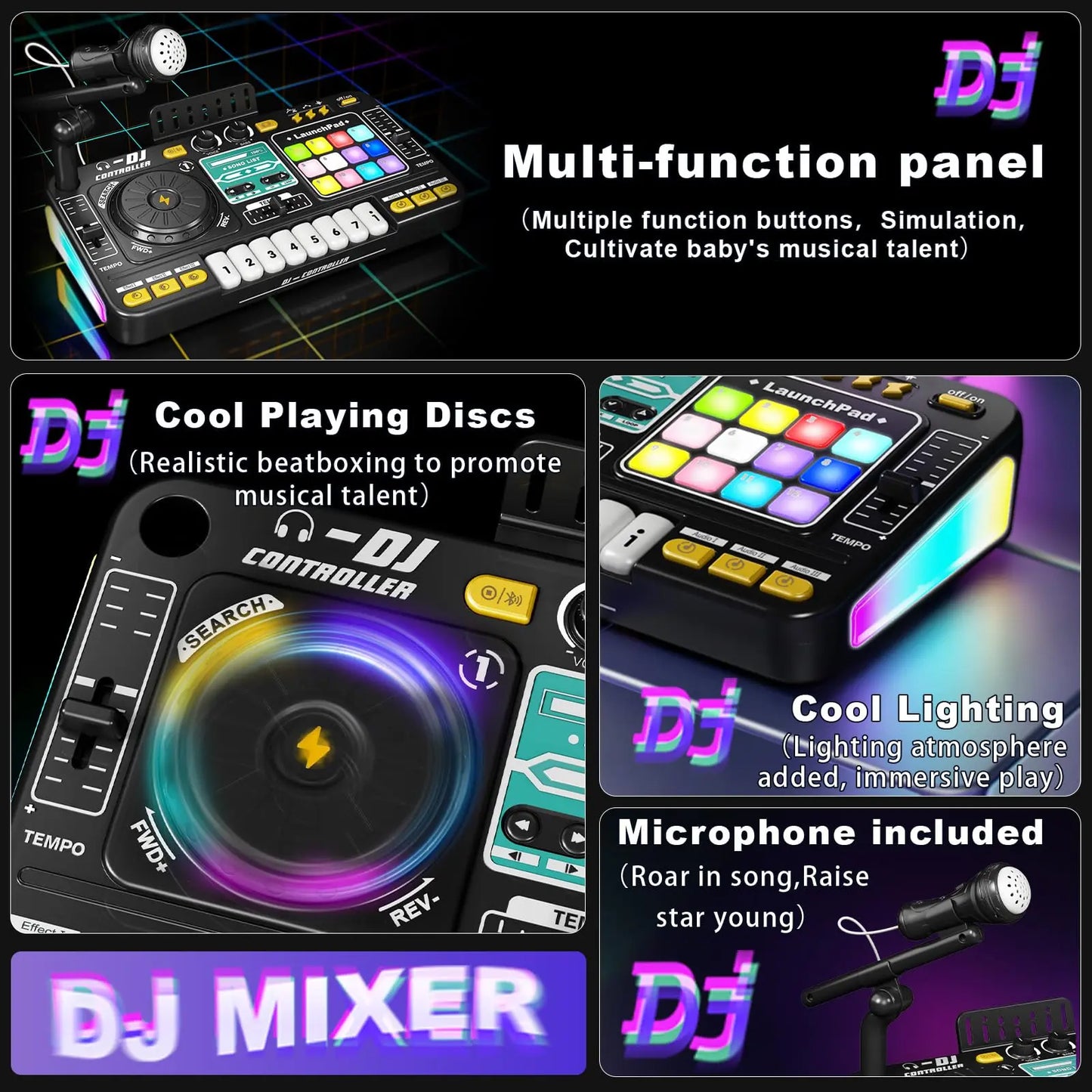 Kid DJ Mixer with Microphone Electronic Piano Keyboard Bluetooth DJ Turntable Controller Musical Instrument Kid Birthday Gift