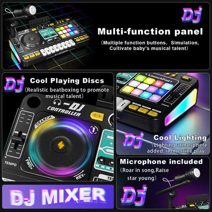 Kid DJ Mixer with Microphone Electronic Piano Keyboard Bluetooth DJ Turntable Controller Musical Instrument Kid Birthday Gift