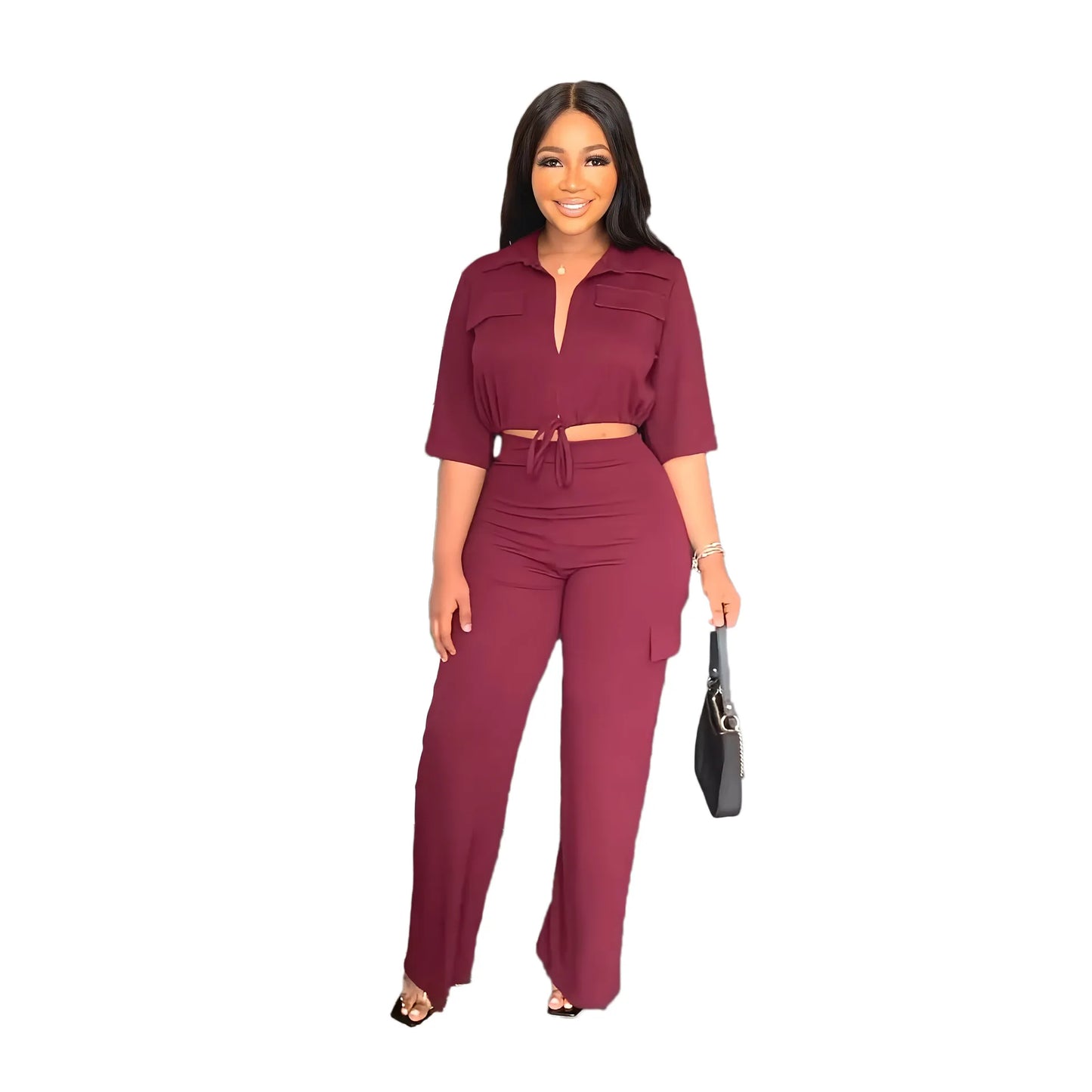 Elegant Office Women Two Piece Sets Autumn V Turn-down Neck Half Sleeve Drawstring Lace Up Short Shirt + Wide Leg Trousers Set