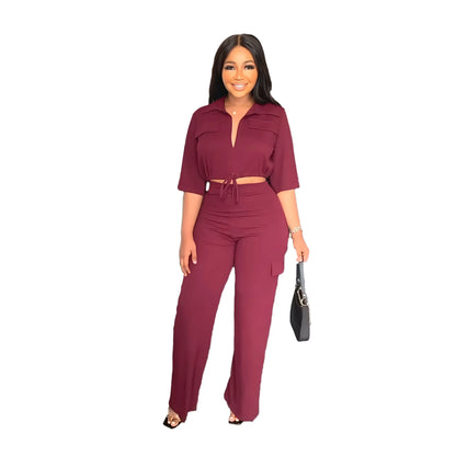 Elegant Office Women Two Piece Sets Autumn V Turn-down Neck Half Sleeve Drawstring Lace Up Short Shirt + Wide Leg Trousers Set
