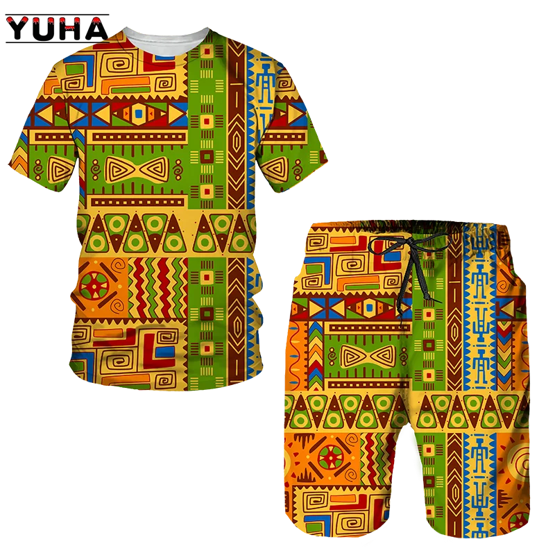 YUHA,Newest African Print Women's/Men's T-shirts Sets Africa Dashiki Men’s Tracksuit/Vintage Tops Sport And Leisure Summer Male