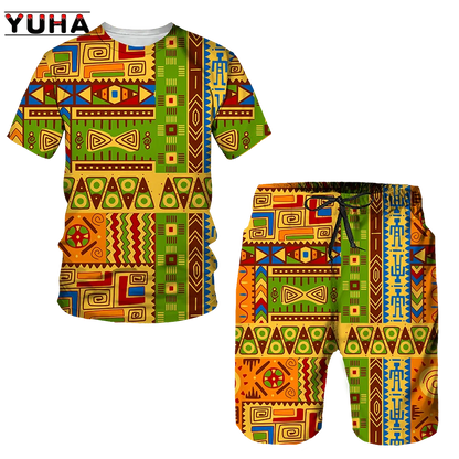 YUHA,Newest African Print Women's/Men's T-shirts Sets Africa Dashiki Men’s Tracksuit/Vintage Tops Sport And Leisure Summer Male