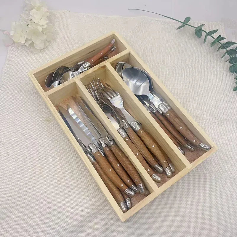 24pcs Laguiole Cutlery set Luxury Rose Wood Handle Dinnerware Stainless steel Tableware 6 Steak Knife 6 Fork 6 Spoon 6 Teaspoon