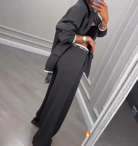 Two Piece Set Women Outfit 2025 Spring Autumn New Grey Commuting Notched Collar Long Sleeve Blazer &amp; High Waist Pants Set
