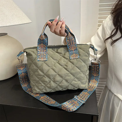 Women Wide Shoulder Belt Handbag Fall/Winter Rhombus Space Cotton Shoulder Bag Large Capacity All-Match Shopping Tote Bag