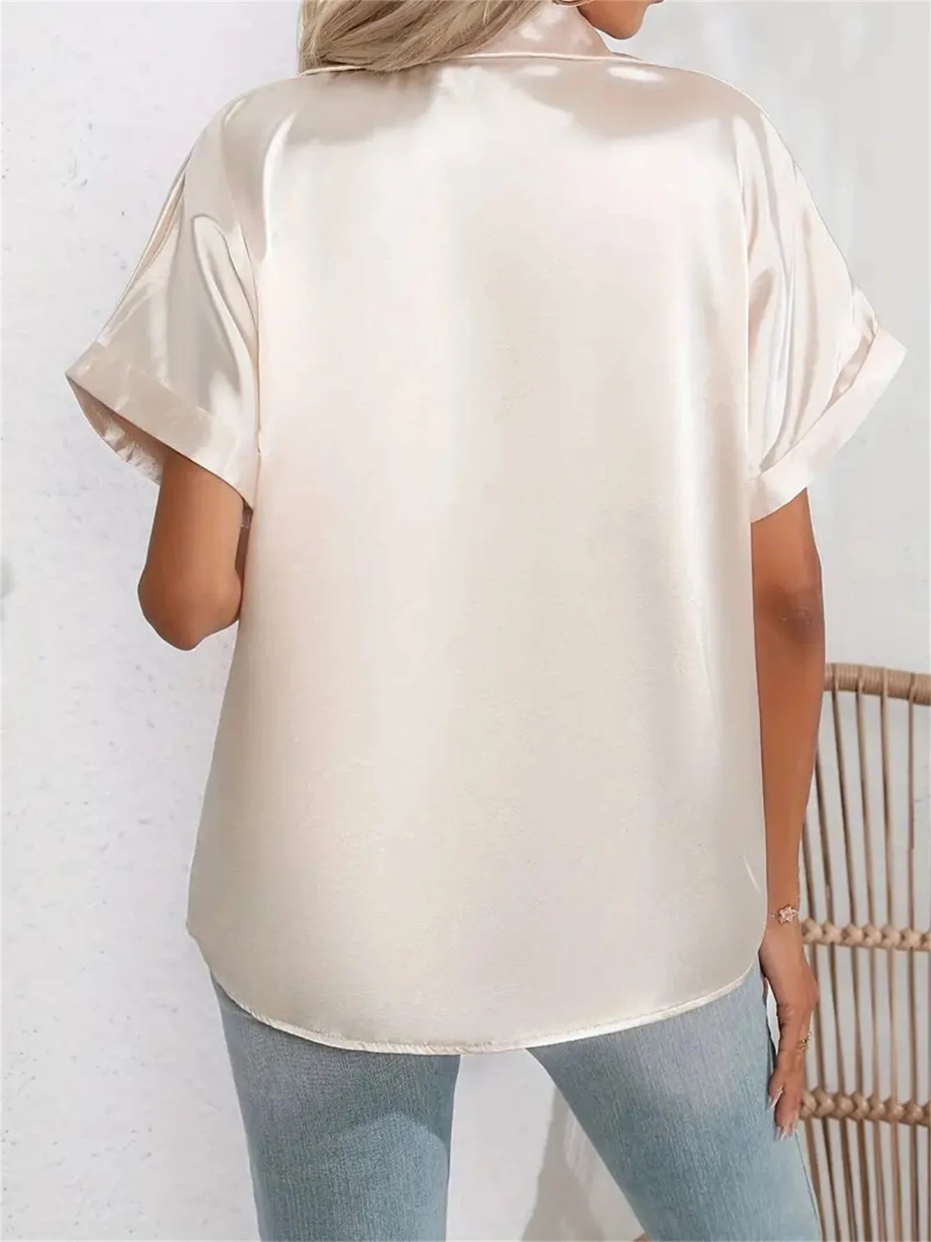Casual Turn-Down Collar Button Front Solid Color Short Sleeved Satin Shirt Women Summer Blouse