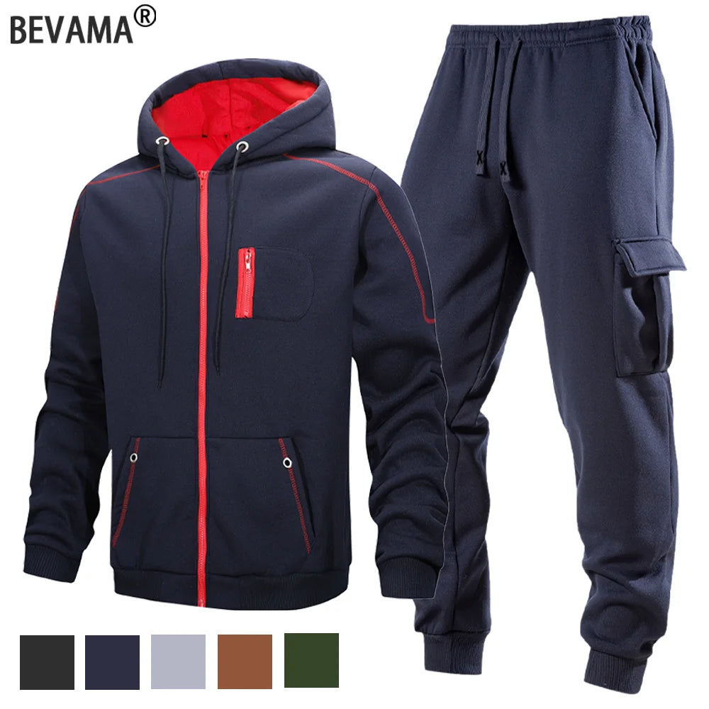 2025 Popular Two-piece Men's Sportswear Autumn Solid Color Jogging Suit Hooded Zipper Jacket + Sport Pants Casual Sports Set