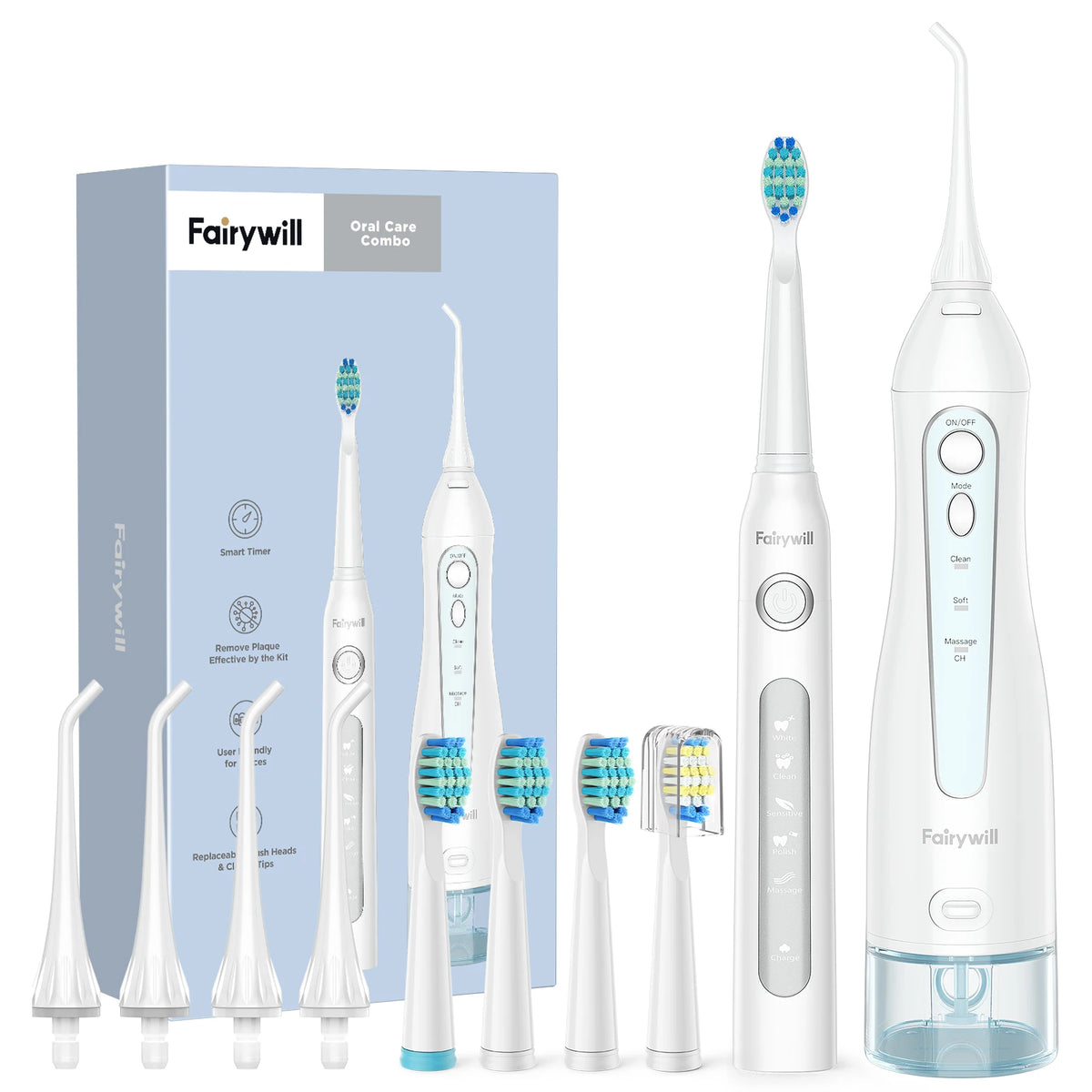 Fairywill Electric Sonic Toothbrush &amp; Water Flosser USB Charge Waterproof 5 Modes 3 Brush Heads Toothbrushes Teeth Cleaner