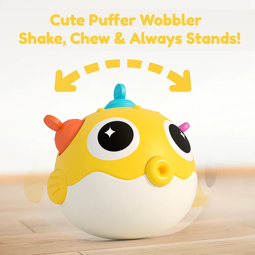 Pufferfish Baby Roly-Poly Rattle Toy with Teether Button, Motor Skills, Hand-Eye Coordination, Early Learning Toy, Newborn Gift