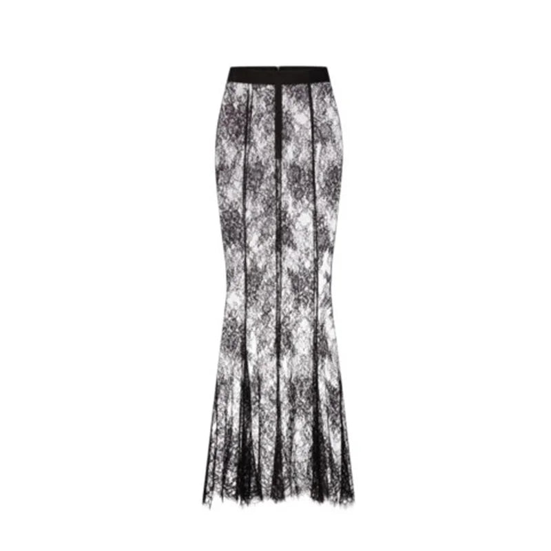 Retro Solid Suit Jacket Lace Skirt Set Women Sexy Waist-cinching Jackets Perspective Long Skirts Sets Lady 2025 Chic Streetwear