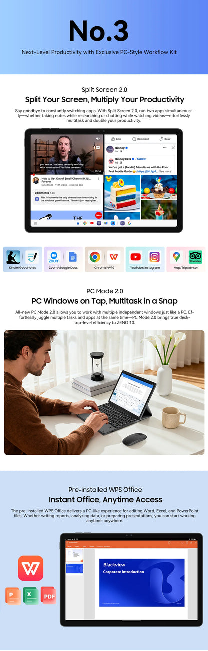 Blackview ZENO 10 5G AI Tablet,T8200 Ocat Core,11" FHD+ 90Hz Display, Smart tablets android 15 Pad PC With Bluetooth планшет