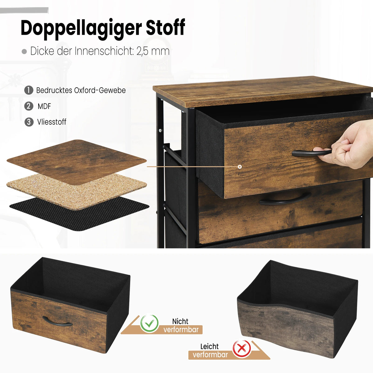 WOLTU Rustic Brown Dresser Storage Unit Chiffonier with 5 Fabric Drawers Wardrobe Living Room Cabinet