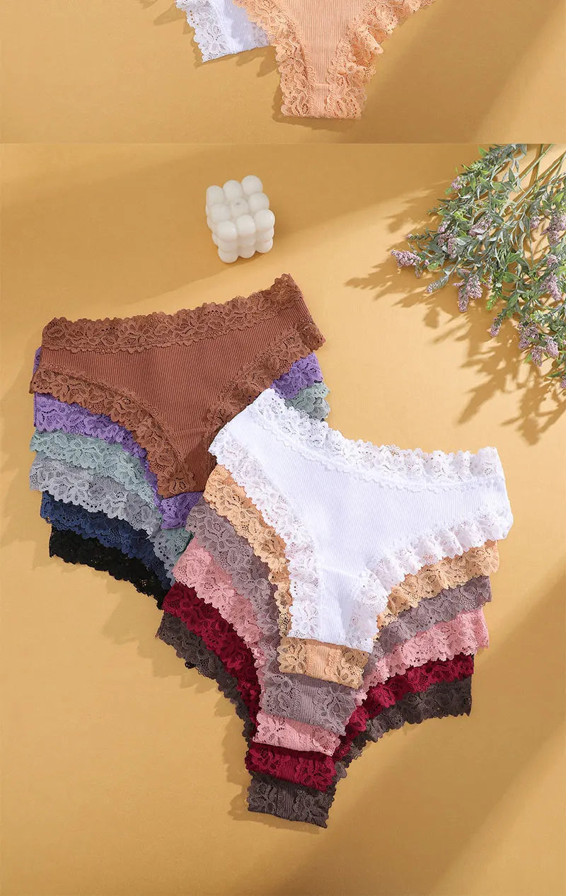 FINETOO 5PCS Sexy Lace Cotton Panties Women Brazilian Panties Ladies Sexy Low Waist Elastic T-Back Bikini Solid Soft Lingerie