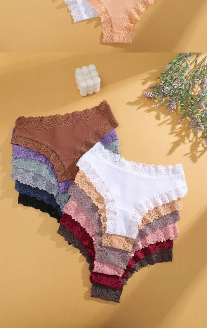 FINETOO 5PCS Sexy Lace Cotton Panties Women Brazilian Panties Ladies Sexy Low Waist Elastic T-Back Bikini Solid Soft Lingerie