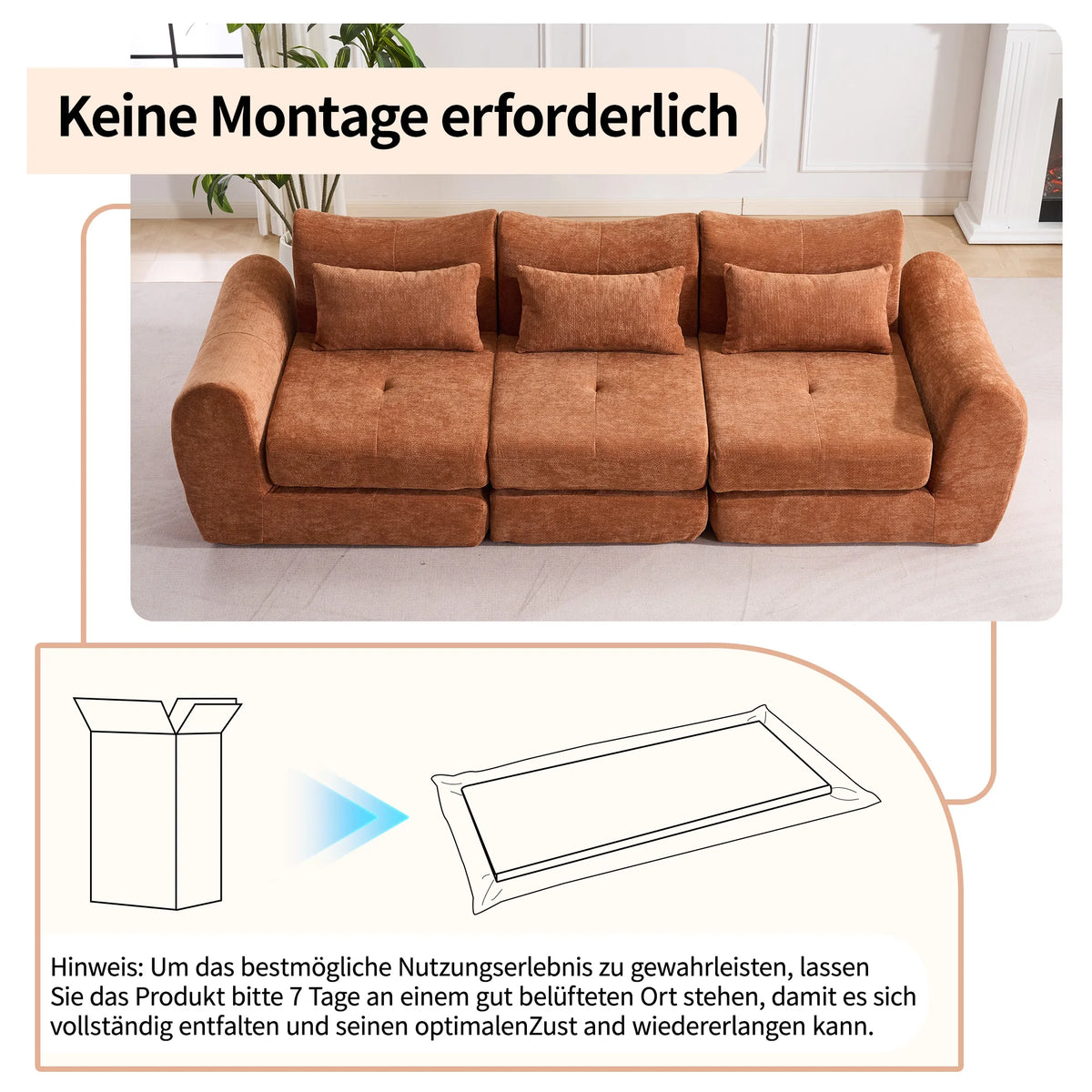 Orange Comfort Compressed Sofa,3 Seats No Assembly Required Sofa Bed,Black Chenille Free Combination For Living Room, Apartment