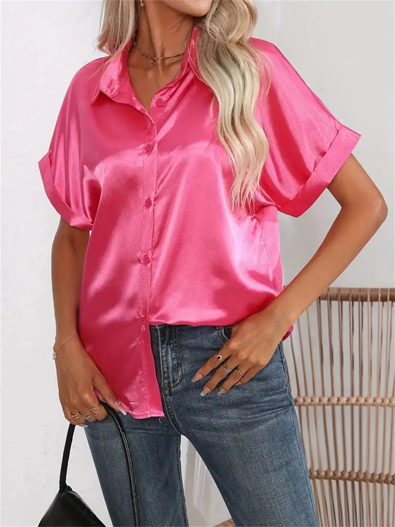 Casual Turn-Down Collar Button Front Solid Color Short Sleeved Satin Shirt Women Summer Blouse
