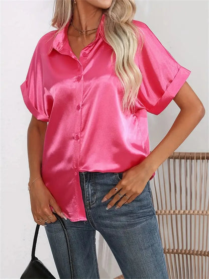 Casual Turn-Down Collar Button Front Solid Color Short Sleeved Satin Shirt Women Summer Blouse