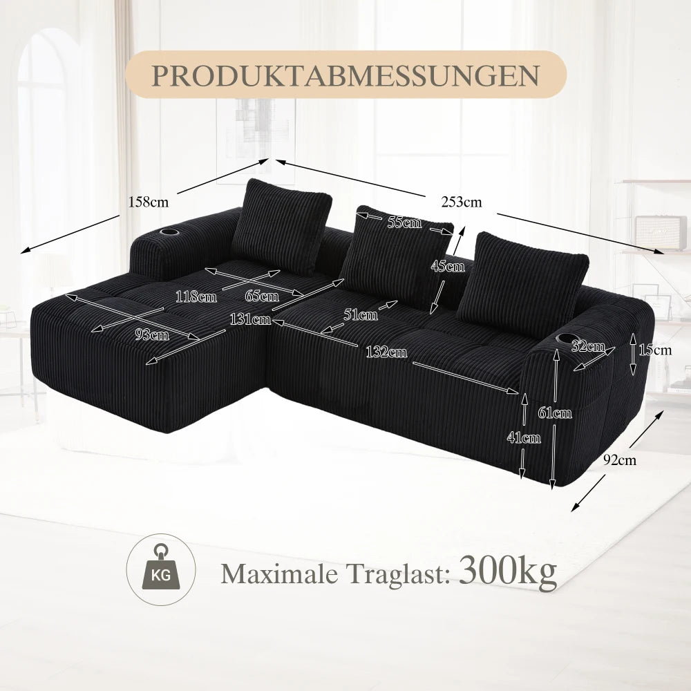 Compact Sofa Soft, Modular Sofa with Side Pocket and Beverage Holder, High Quality Comfort for Long Sitting, Incl. Pillows