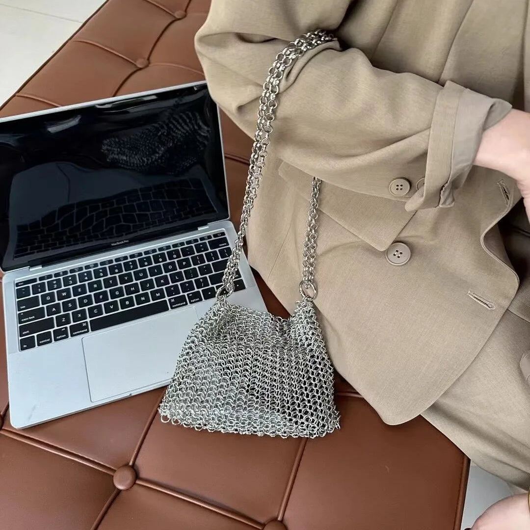 Metallic Hauberk Shoulder Bag Woven Ring Tote Chain Mail Designer Purses and Handbags Handmade Hollow Crossbody Bags for Women