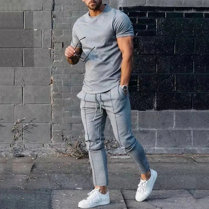Mens Suit Summer Two-piece Suit Short-sleeved T-shirt Casual Fashion Trousers Sets for Men