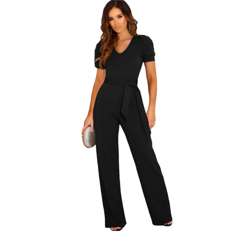 2024 Summer Jumpsuit Women's V-neck Short Sleeve Wide Leg Long Pants Jumpsuit De Mujeres Kombinezony Mono Elegantes Mujer