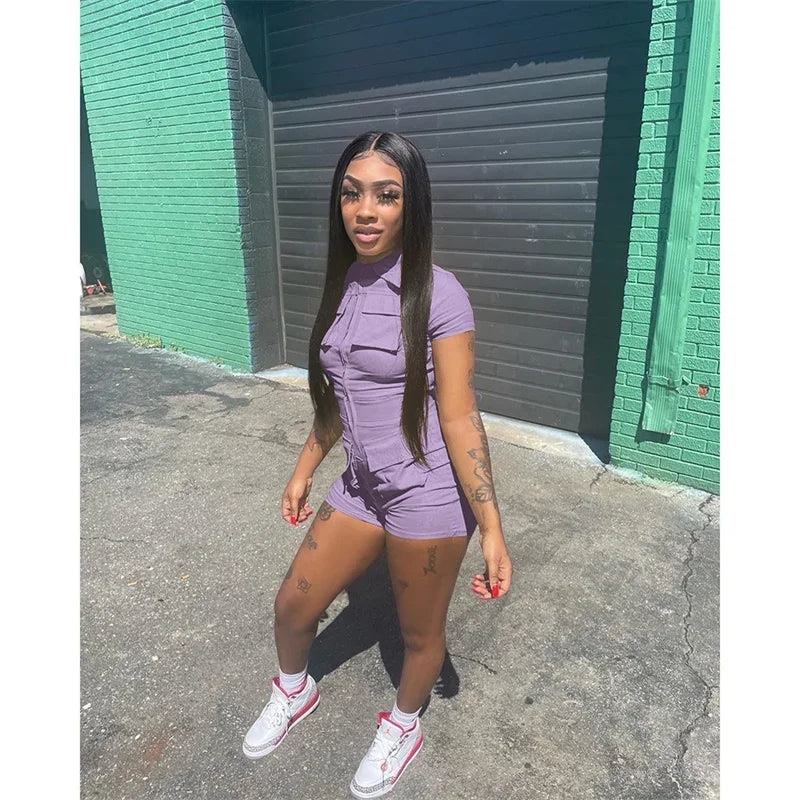 Streetwear Zipper Pockets Shorts Jumpsuit Women Clothing Short Sleeve Skinny Cargo Playsuit Summer Casual One Pieces Romper