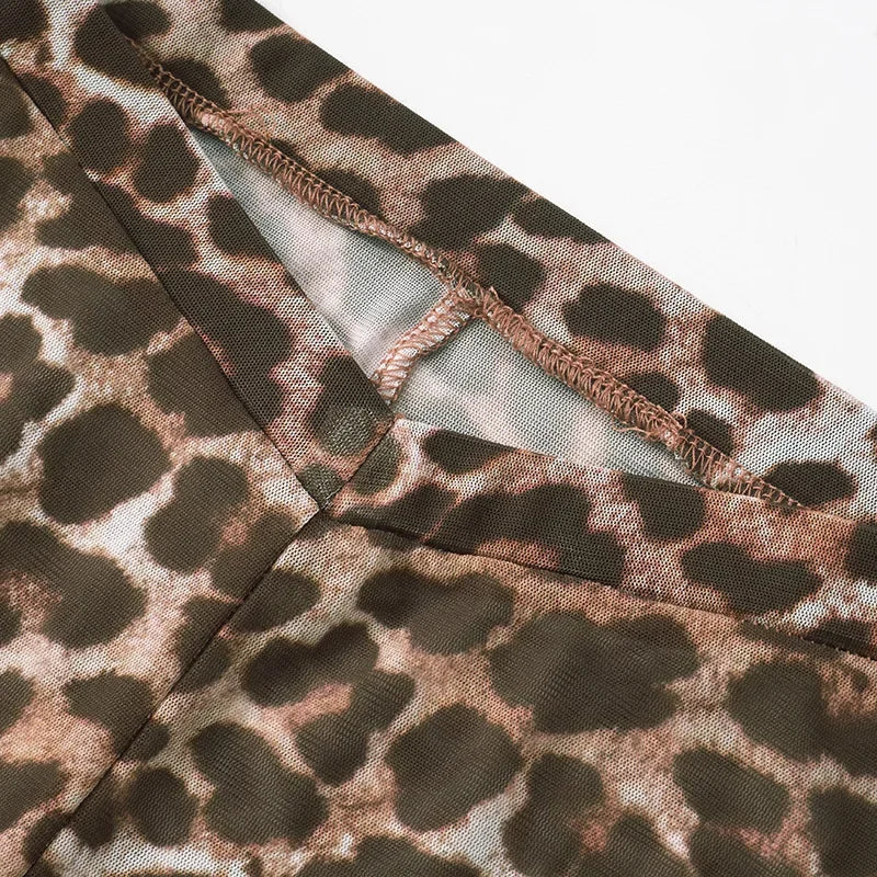 FAGADOER Sexy Mesh See Through Leopard Print Two Piece Sets Women Crop Top + Long Sleeve Coat + Shorts Outfits Female Clubwear
