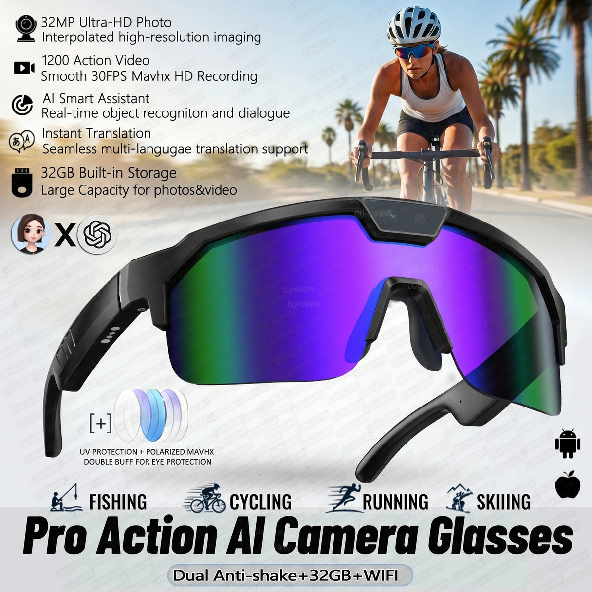 2026 New AI Smart Sports shooting&amp;recording Glasses 800W Camera HD Anti-shake Bicycle Riding Shooting Artifact Windproof Goggles