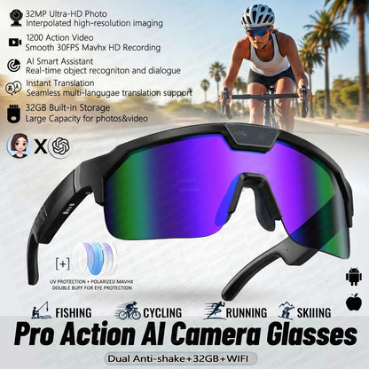 2026 New AI Smart Sports shooting&amp;recording Glasses 800W Camera HD Anti-shake Bicycle Riding Shooting Artifact Windproof Goggles