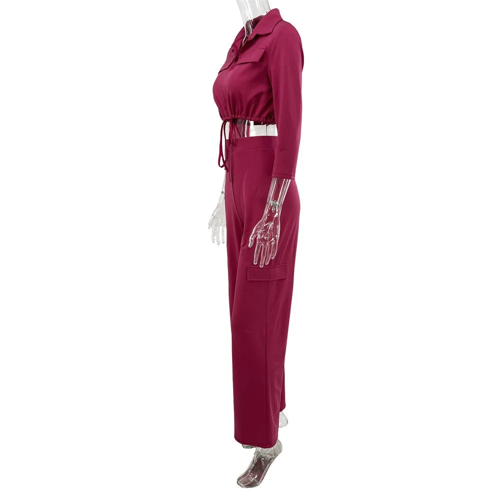 Elegant Office Women Two Piece Sets Autumn V Turn-down Neck Half Sleeve Drawstring Lace Up Short Shirt + Wide Leg Trousers Set