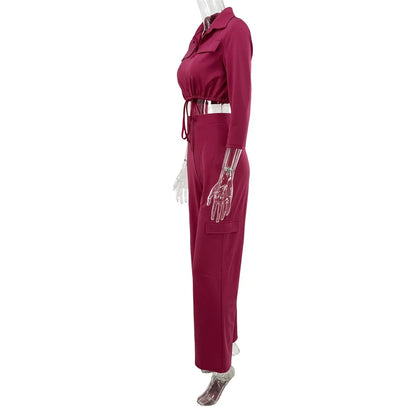 Elegant Office Women Two Piece Sets Autumn V Turn-down Neck Half Sleeve Drawstring Lace Up Short Shirt + Wide Leg Trousers Set