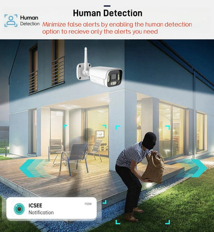 4MP Outdoor Security Wifi Camera AI 95ft NightColor Human Detection Bullet IP Camera With Two-Way Audio H.265+ Support MicroSD