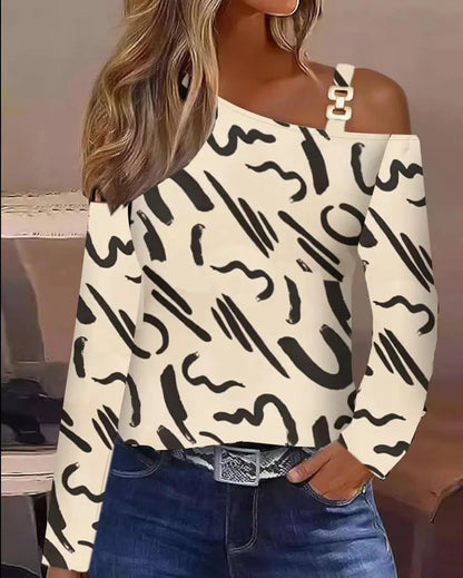Sexy Elegant Off Shoulder White Lace Women Tops And Blouses 2023 Autumn Long Sleeve Top Femme Print Metal Buckle Office Blouse