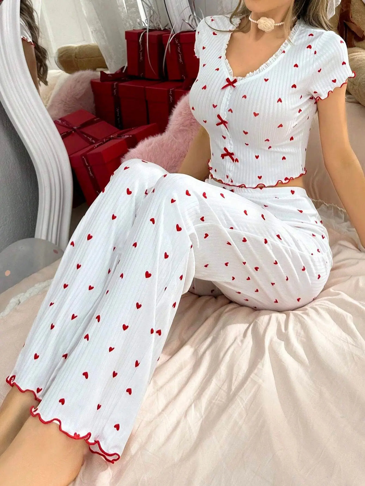 Heart Print Ribbed Frill Trim Pajama Set for Women Sleepwear Knitted V-Neck Loose Tops Elastic Long Pants Autumn Winter Wear