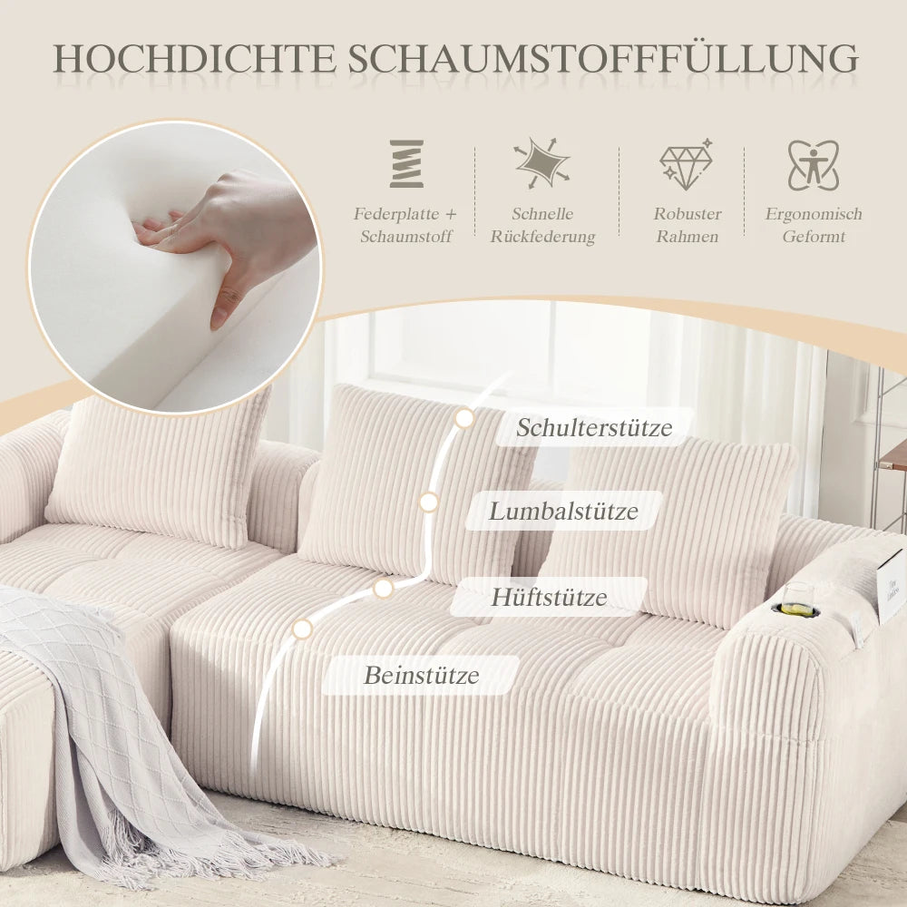 Compact Sofa Soft, Modular Sofa with Side Pocket and Beverage Holder, High Quality Comfort for Long Sitting, Incl. Pillows