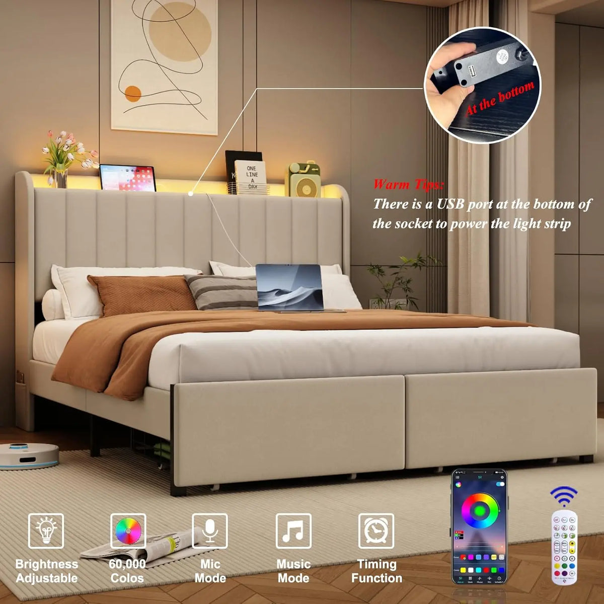 Full Size Bed Frames with Storage Headboard and 2 Drawers, Upholstered Platform Bed Frame Full with Led Lights and, Customized
