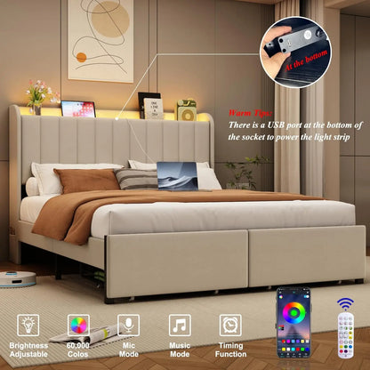 Full Size Bed Frames with Storage Headboard and 2 Drawers, Upholstered Platform Bed Frame Full with Led Lights and, Customized