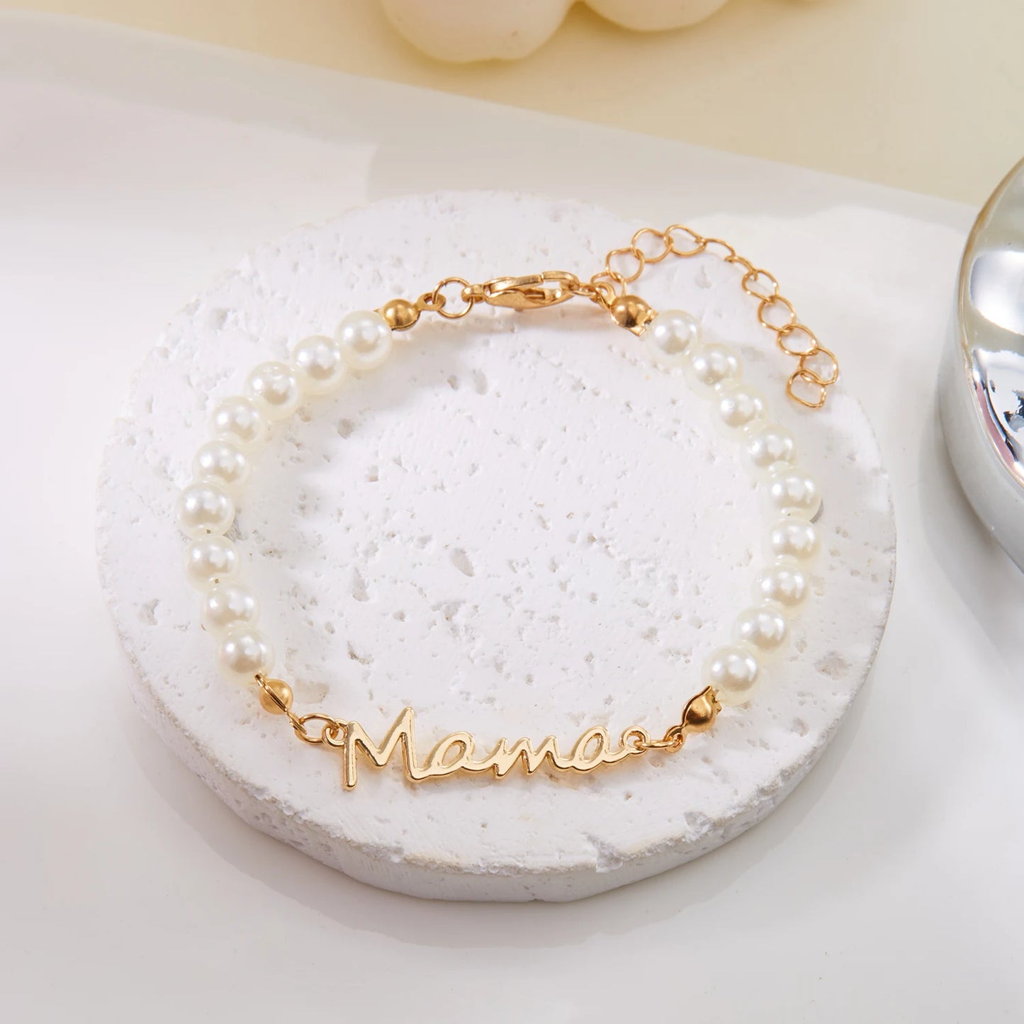Imitation Pearl Letter Mama Pendant Bracelets Fashion Charms Stainless Steel Chains Bracelet for Women Jewelry Mother's Day Gift